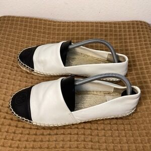 Tory Burch Women's Sz 9M White Leather Espadrille Flats Logo Slip-On Shoes